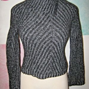 Unique Gray Black Raised Stripe Split Neck Sweater